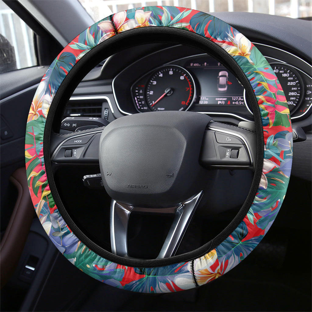 Dolphins Steering Wheel Cover Tropical Hibiscus Floral Pattern With Red And White Accents