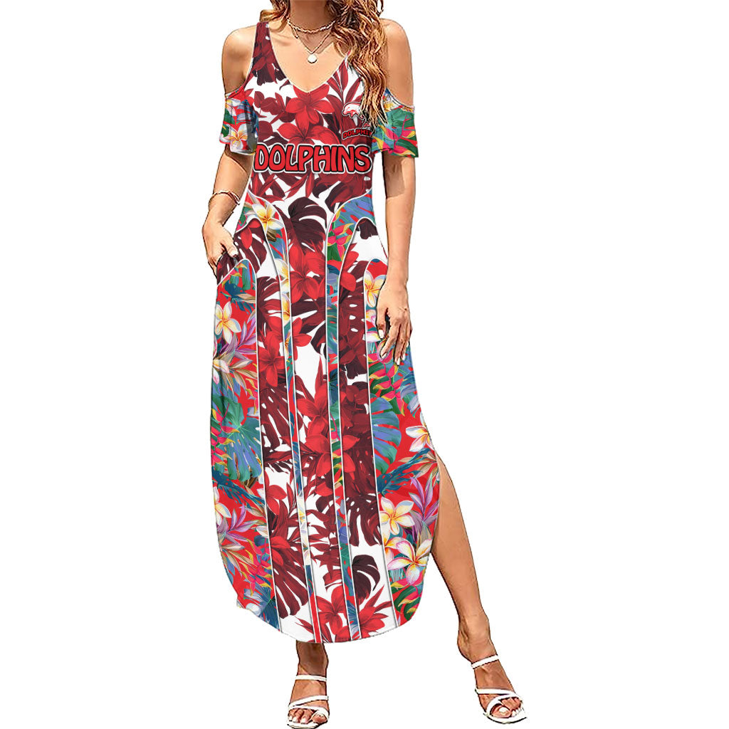 Dolphins Summer Maxi Dress Tropical Hibiscus Floral Pattern With Red And White Accents