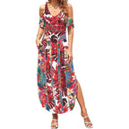 Dolphins Summer Maxi Dress Tropical Hibiscus Floral Pattern With Red And White Accents