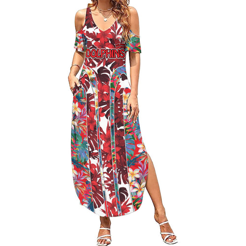 Dolphins Summer Maxi Dress Tropical Hibiscus Floral Pattern With Red And White Accents