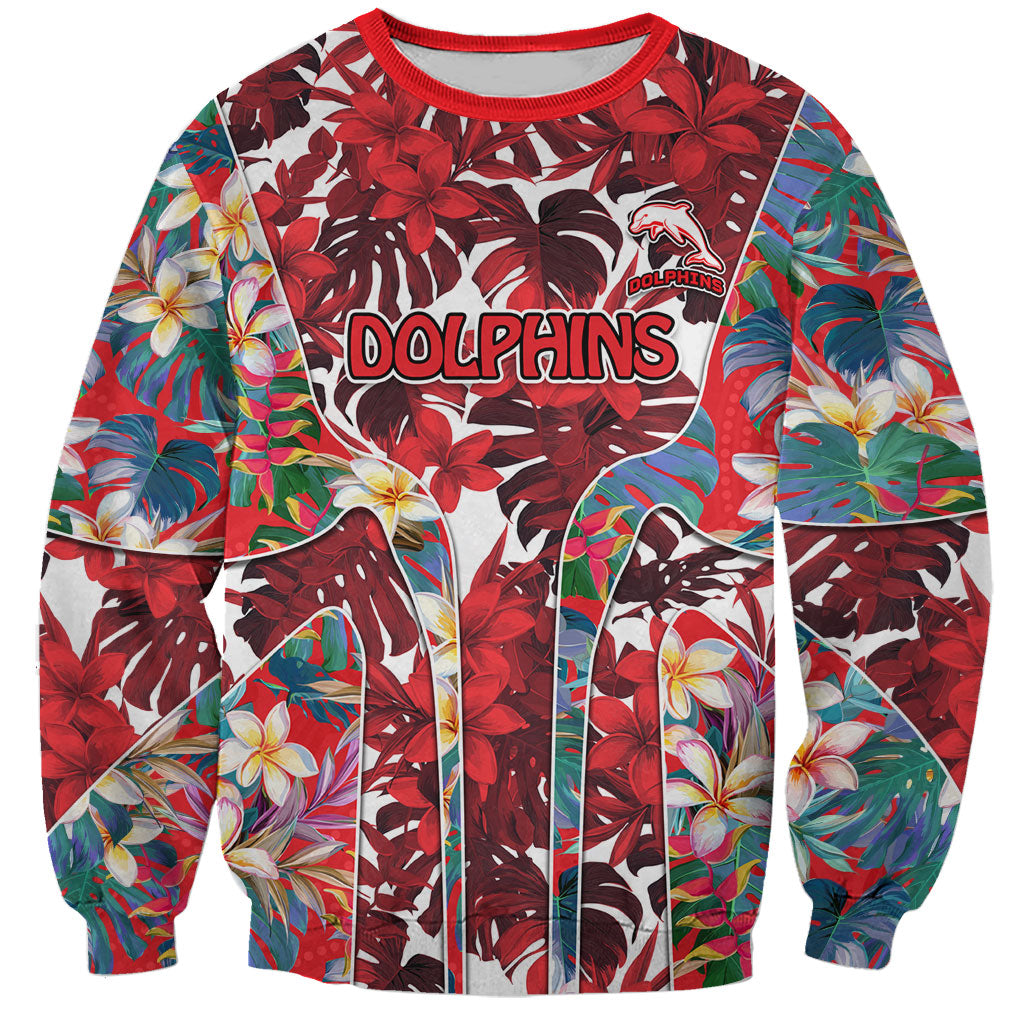 Dolphins Sweatshirt Tropical Hibiscus Floral Pattern With Red And White Accents