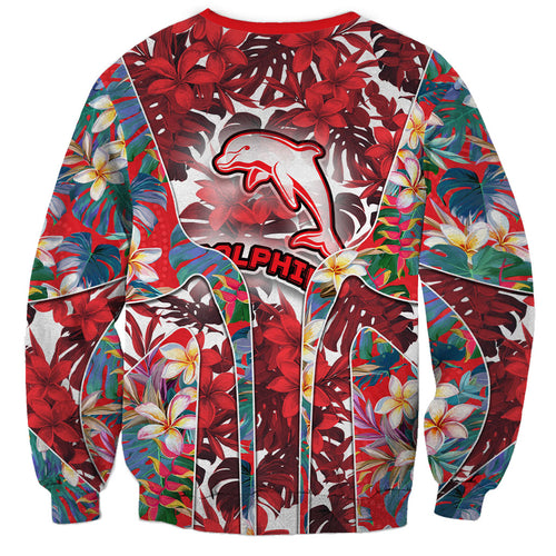 Dolphins Sweatshirt Tropical Hibiscus Floral Pattern With Red And White Accents