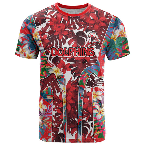 Dolphins T Shirt Tropical Hibiscus Floral Pattern With Red And White Accents