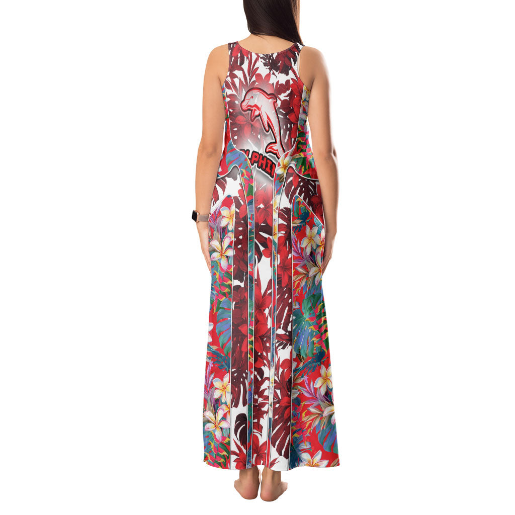 Dolphins Tank Maxi Dress Tropical Hibiscus Floral Pattern With Red And White Accents