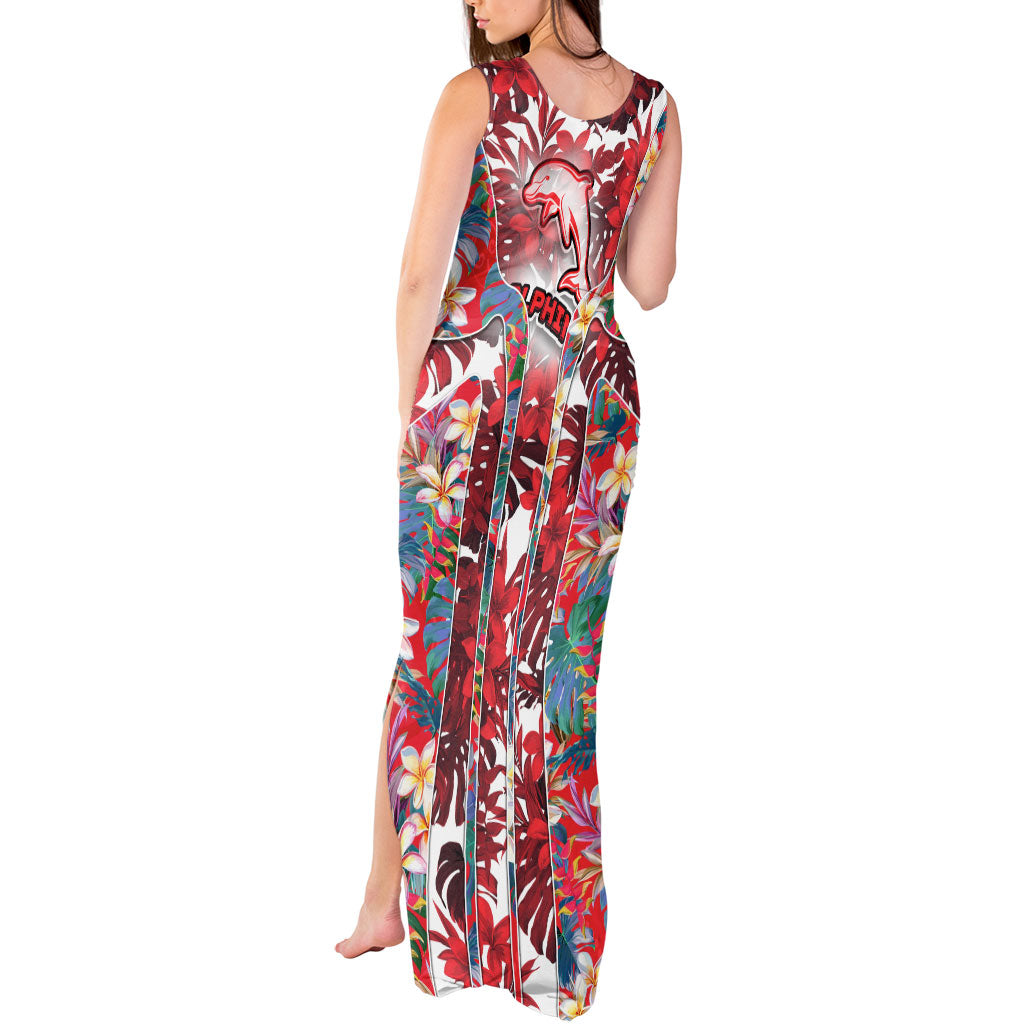 Dolphins Tank Maxi Dress Tropical Hibiscus Floral Pattern With Red And White Accents