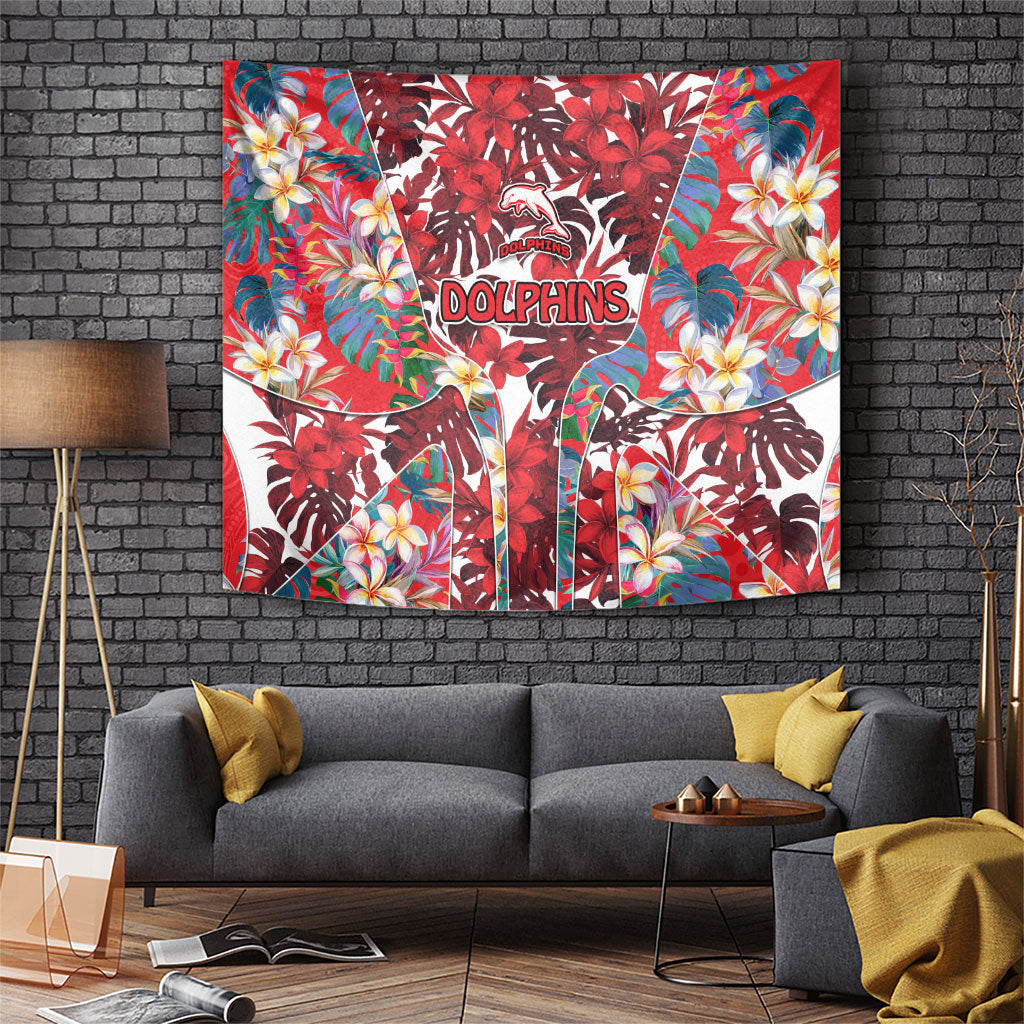 Dolphins Tapestry Tropical Hibiscus Floral Pattern With Red And White Accents