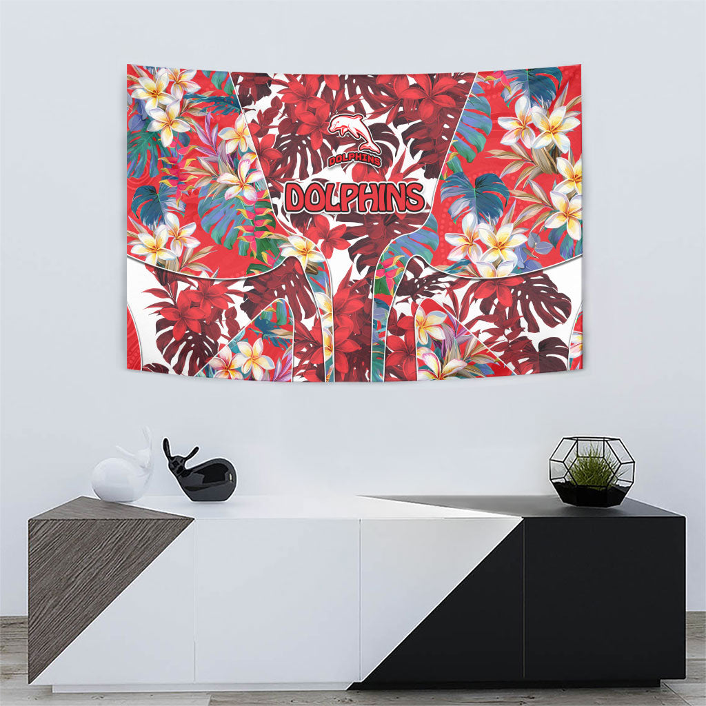 Dolphins Tapestry Tropical Hibiscus Floral Pattern With Red And White Accents