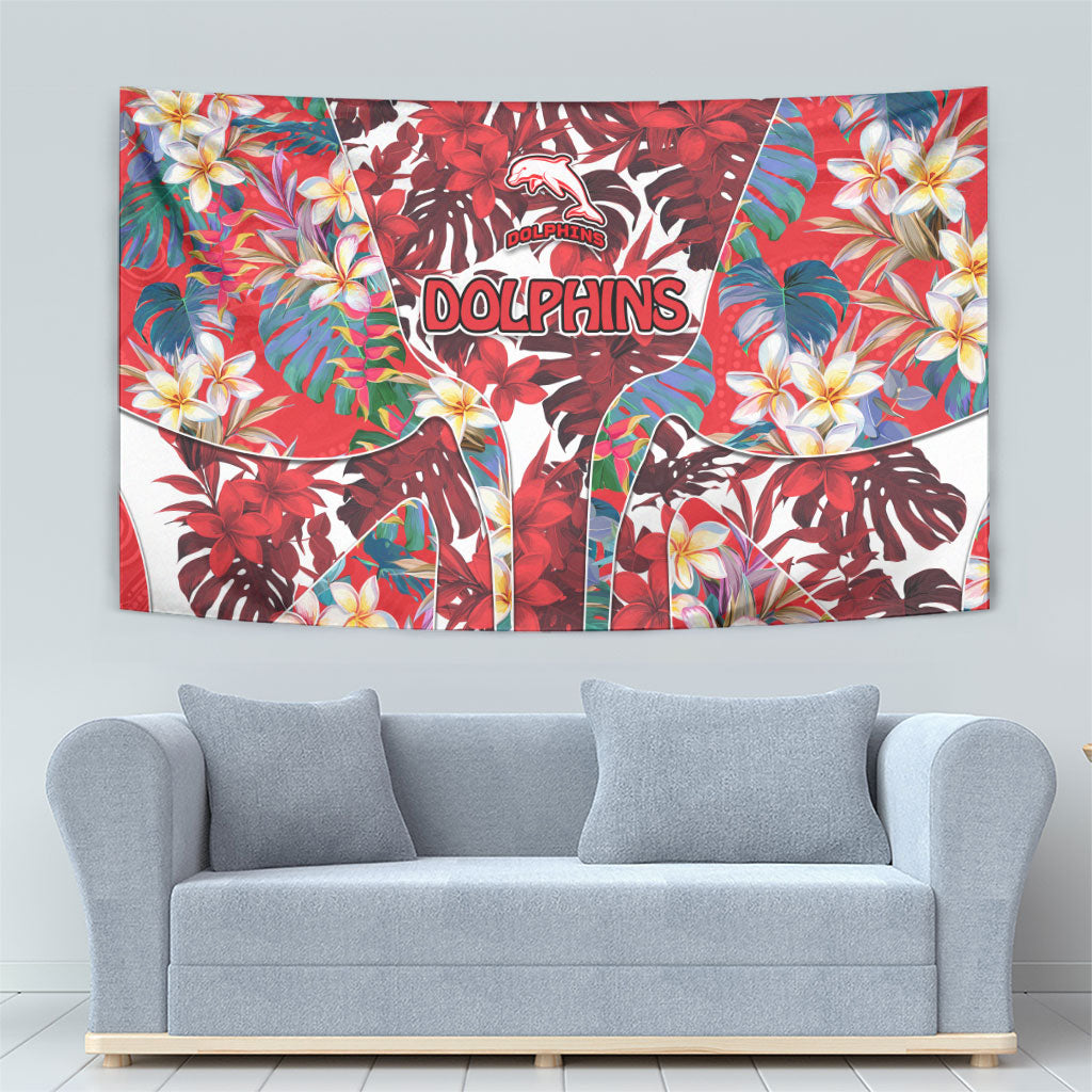 Dolphins Tapestry Tropical Hibiscus Floral Pattern With Red And White Accents