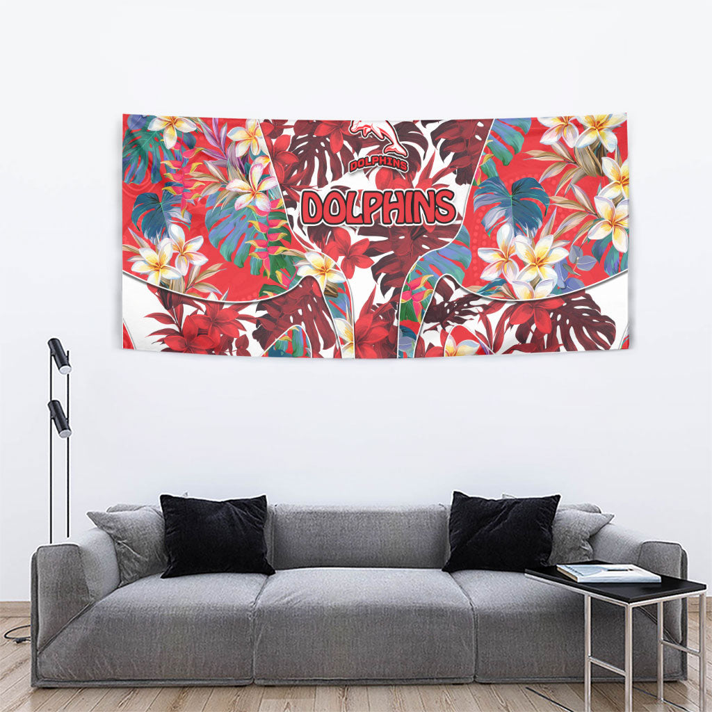 Dolphins Tapestry Tropical Hibiscus Floral Pattern With Red And White Accents