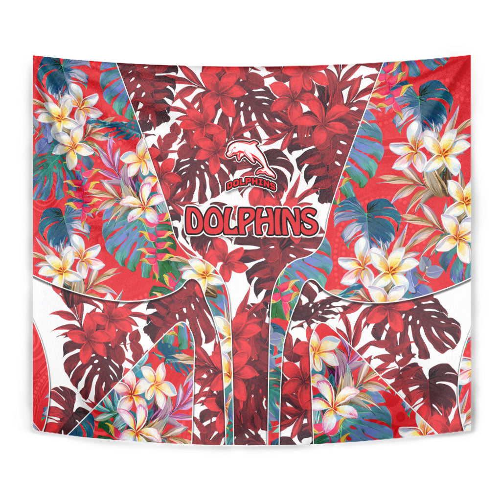 Dolphins Tapestry Tropical Hibiscus Floral Pattern With Red And White Accents