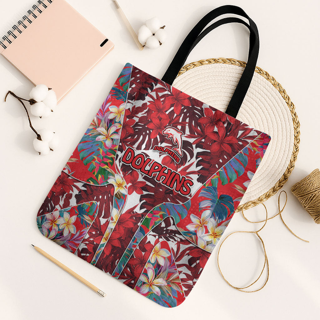 Dolphins Tote Bag Tropical Hibiscus Floral Pattern With Red And White Accents