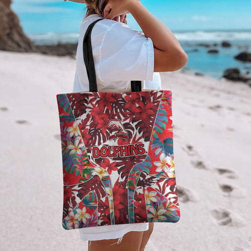 Dolphins Tote Bag Tropical Hibiscus Floral Pattern With Red And White Accents