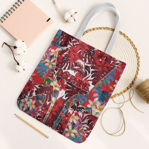 Dolphins Tote Bag Tropical Hibiscus Floral Pattern With Red And White Accents