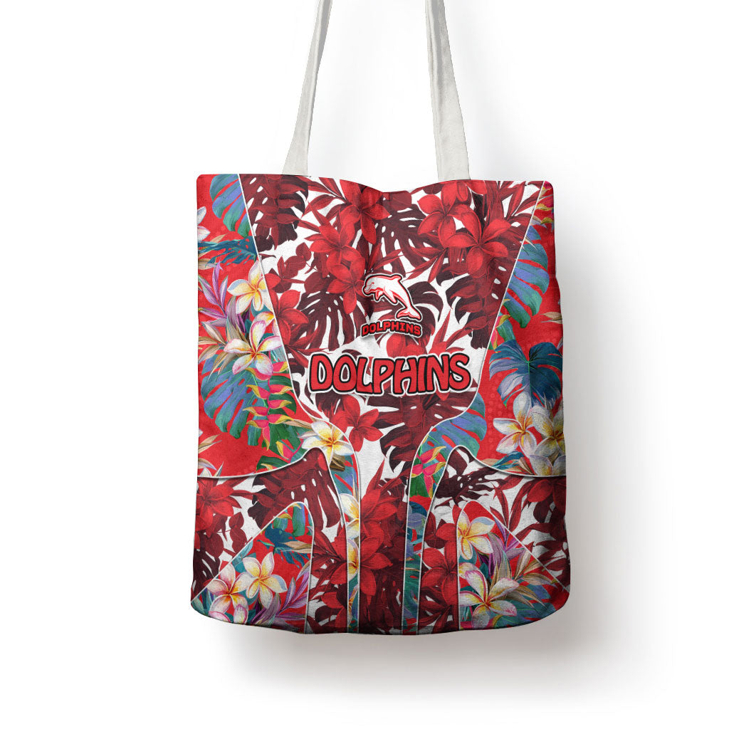 Dolphins Tote Bag Tropical Hibiscus Floral Pattern With Red And White Accents