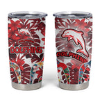 Dolphins Tumbler Cup Tropical Hibiscus Floral Pattern With Red And White Accents