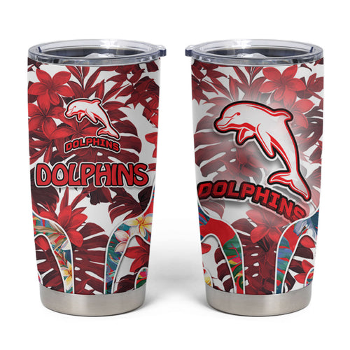 Dolphins Tumbler Cup Tropical Hibiscus Floral Pattern With Red And White Accents