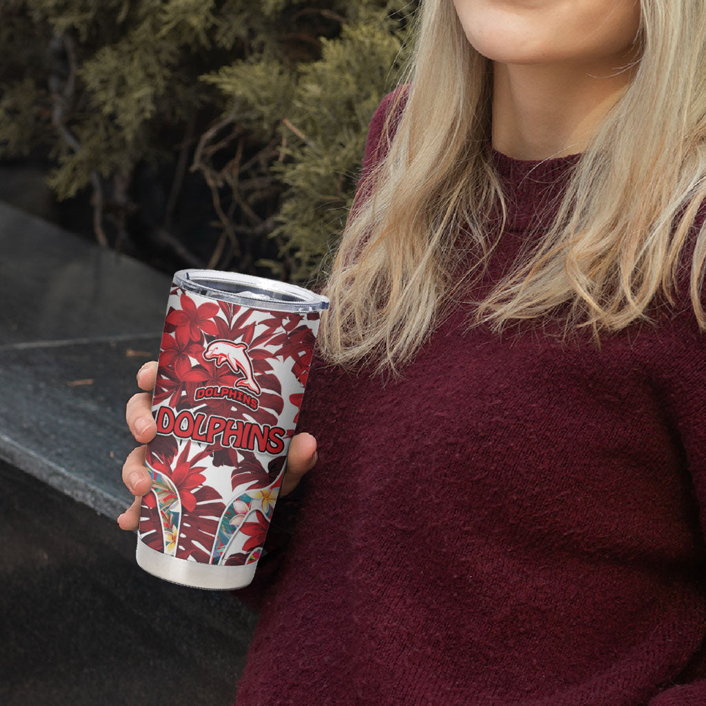 Dolphins Tumbler Cup Tropical Hibiscus Floral Pattern With Red And White Accents