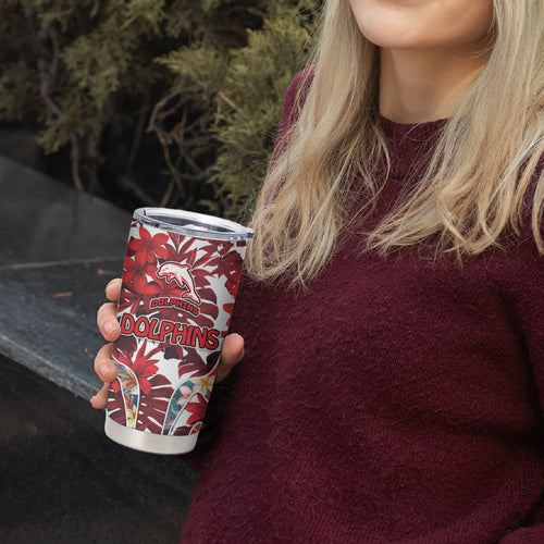 Dolphins Tumbler Cup Tropical Hibiscus Floral Pattern With Red And White Accents