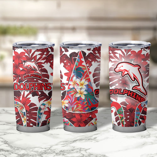 Dolphins Tumbler Cup Tropical Hibiscus Floral Pattern With Red And White Accents