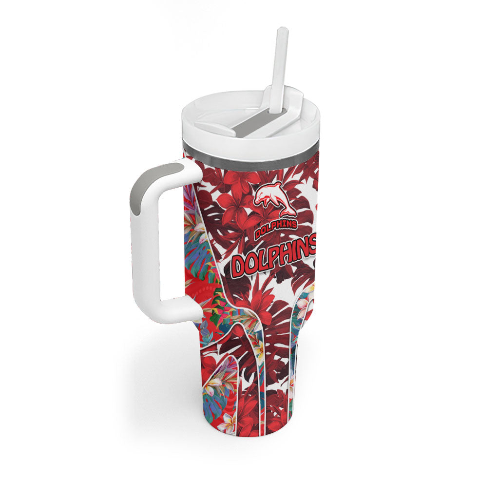 Dolphins Tumbler With Handle Tropical Hibiscus Floral Pattern With Red And White Accents