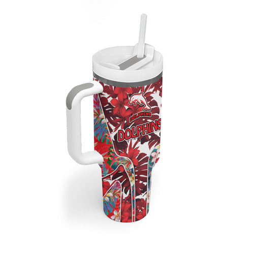Dolphins Tumbler With Handle Tropical Hibiscus Floral Pattern With Red And White Accents