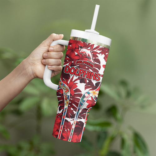 Dolphins Tumbler With Handle Tropical Hibiscus Floral Pattern With Red And White Accents