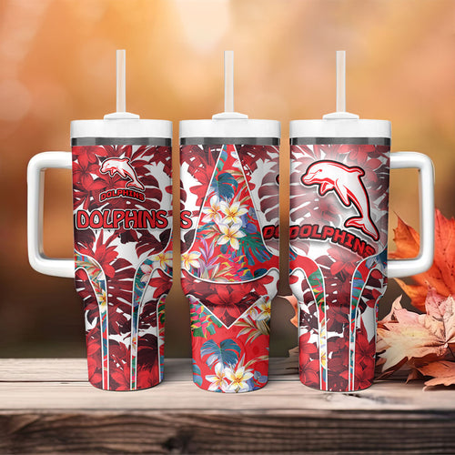 Dolphins Tumbler With Handle Tropical Hibiscus Floral Pattern With Red And White Accents