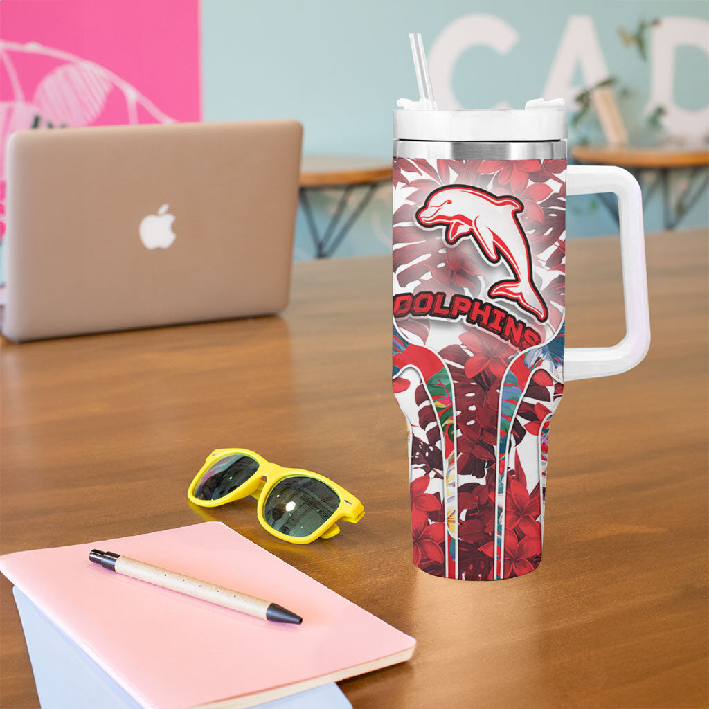 Dolphins Tumbler With Handle Tropical Hibiscus Floral Pattern With Red And White Accents