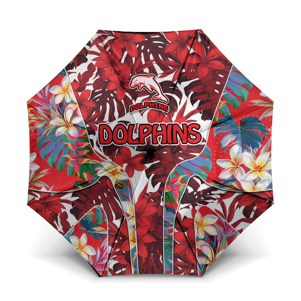 Dolphins Umbrella Tropical Hibiscus Floral Pattern With Red And White Accents
