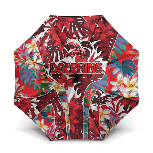 Dolphins Umbrella Tropical Hibiscus Floral Pattern With Red And White Accents