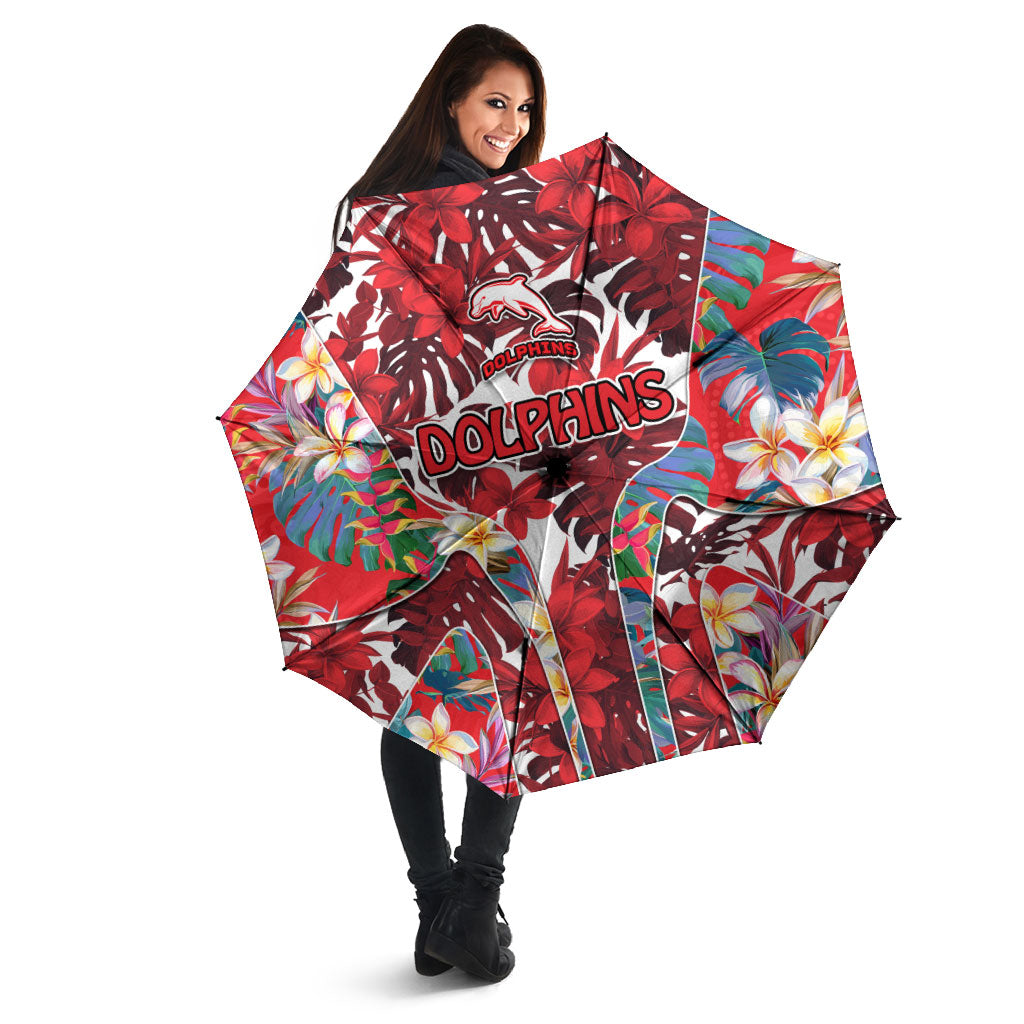 Dolphins Umbrella Tropical Hibiscus Floral Pattern With Red And White Accents