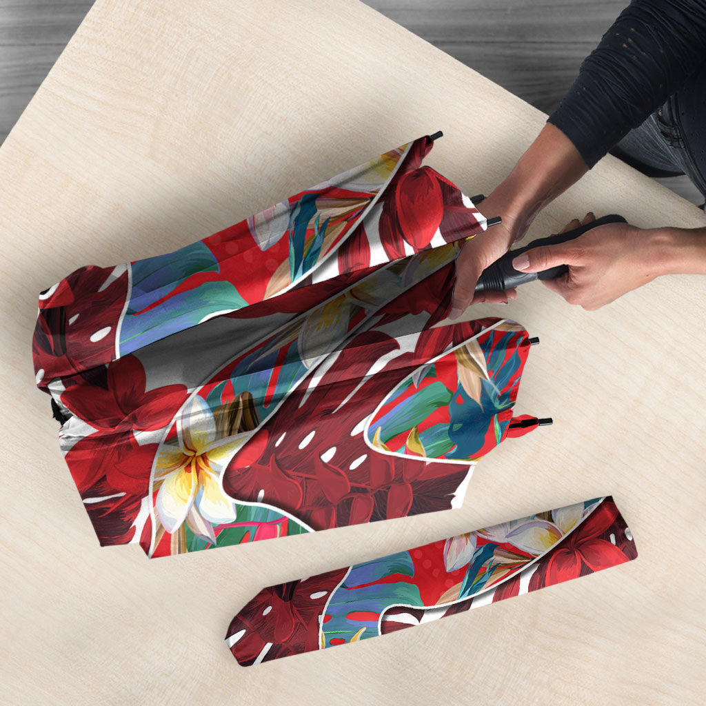 Dolphins Umbrella Tropical Hibiscus Floral Pattern With Red And White Accents