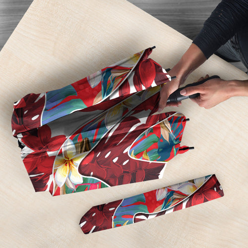 Dolphins Umbrella Tropical Hibiscus Floral Pattern With Red And White Accents