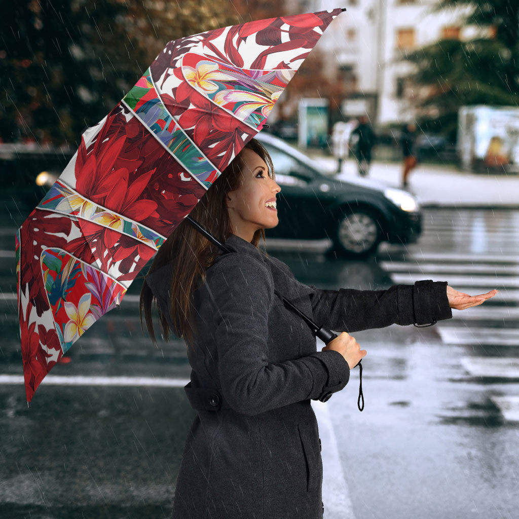 Dolphins Umbrella Tropical Hibiscus Floral Pattern With Red And White Accents