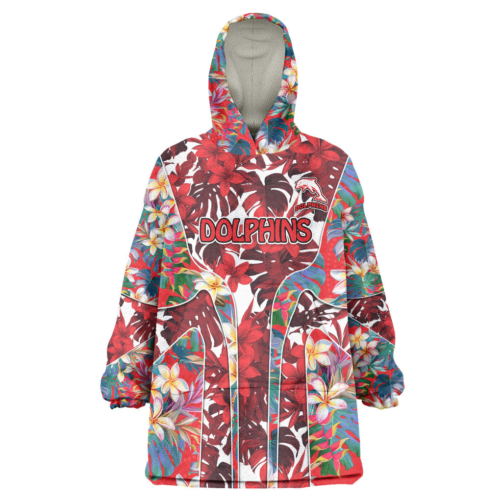 Dolphins Wearable Blanket Hoodie Tropical Hibiscus Floral Pattern With Red And White Accents