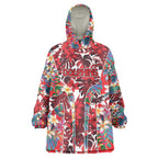 Dolphins Wearable Blanket Hoodie Tropical Hibiscus Floral Pattern With Red And White Accents