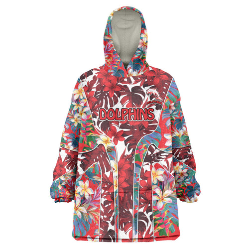 Dolphins Wearable Blanket Hoodie Tropical Hibiscus Floral Pattern With Red And White Accents