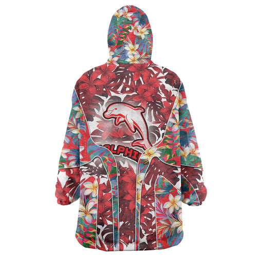 Dolphins Wearable Blanket Hoodie Tropical Hibiscus Floral Pattern With Red And White Accents