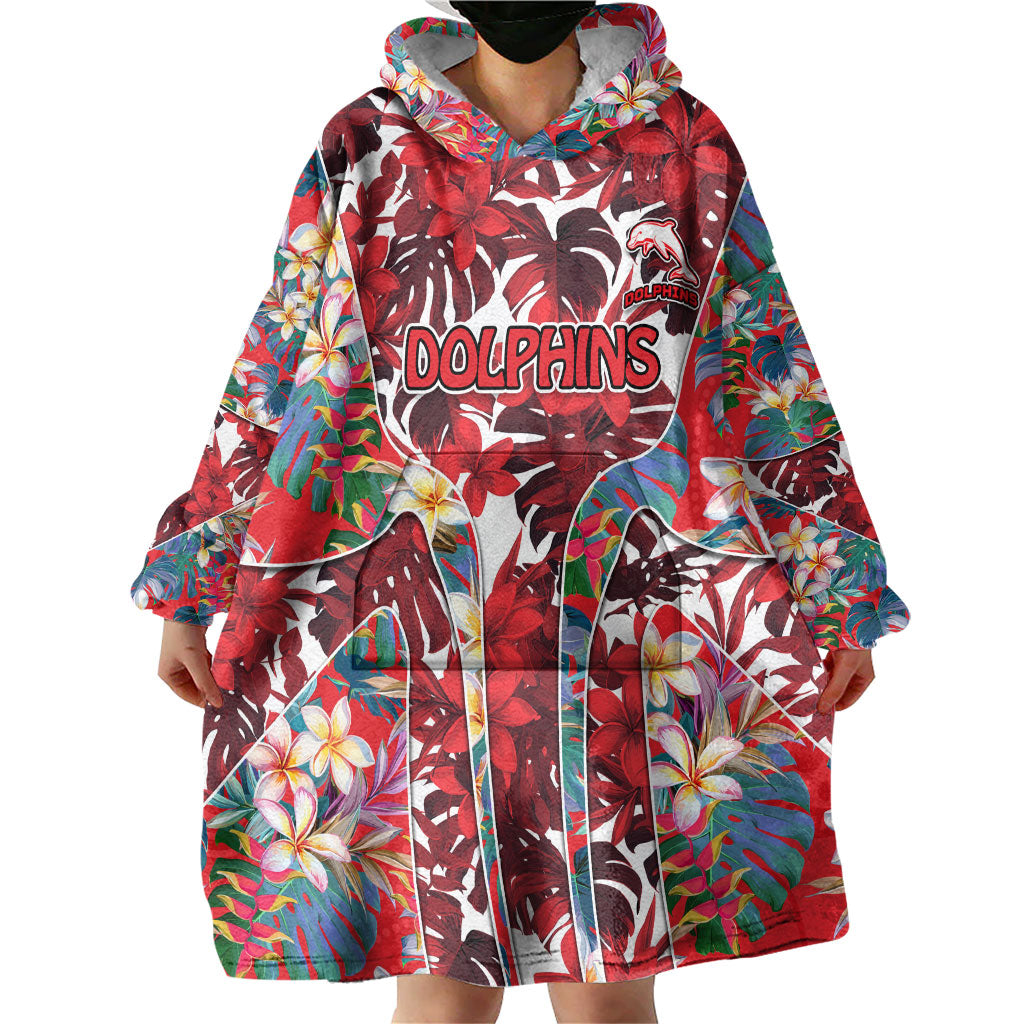 Dolphins Wearable Blanket Hoodie Tropical Hibiscus Floral Pattern With Red And White Accents
