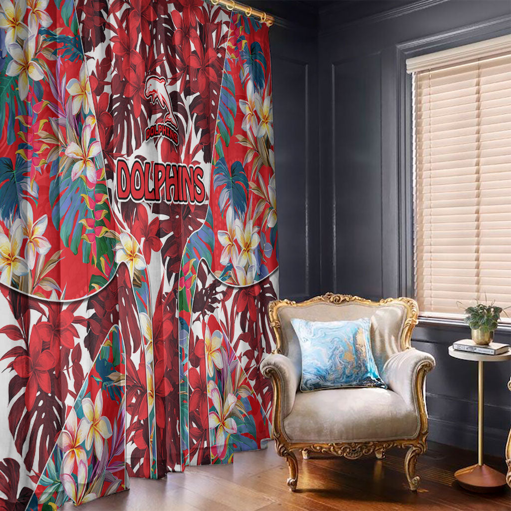 Dolphins Window Curtain Tropical Hibiscus Floral Pattern With Red And White Accents