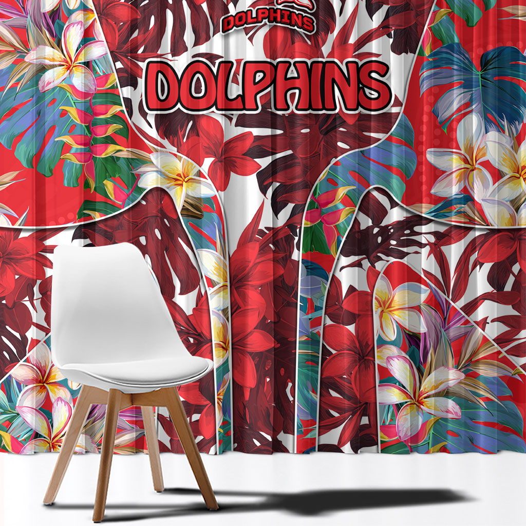 Dolphins Window Curtain Tropical Hibiscus Floral Pattern With Red And White Accents