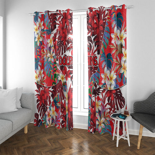 Dolphins Window Curtain Tropical Hibiscus Floral Pattern With Red And White Accents