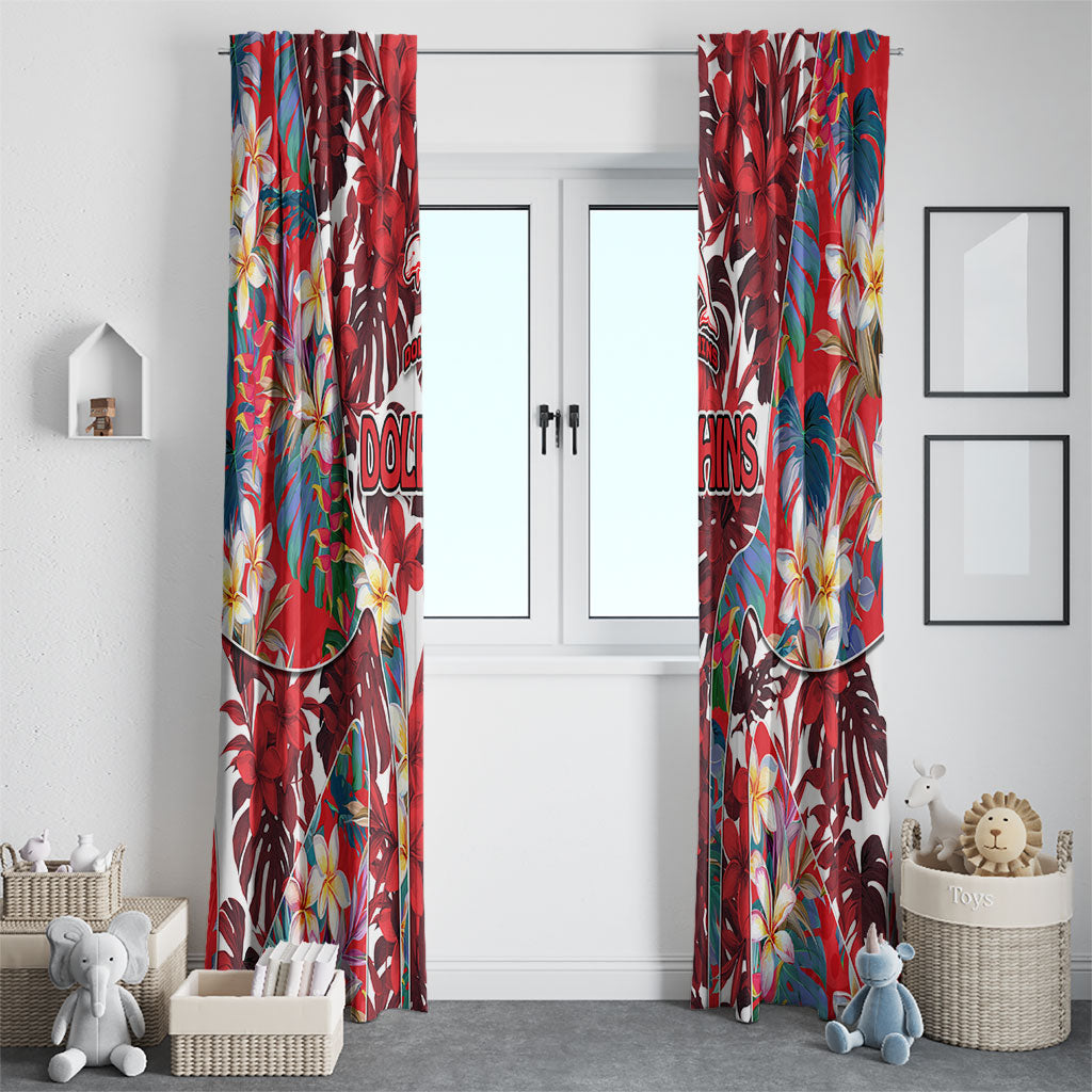 Dolphins Window Curtain Tropical Hibiscus Floral Pattern With Red And White Accents