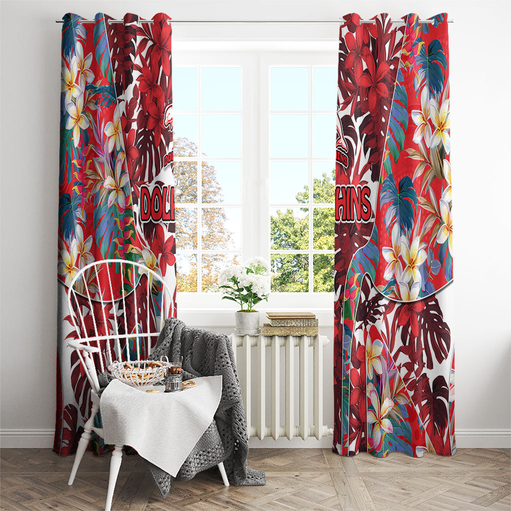 Dolphins Window Curtain Tropical Hibiscus Floral Pattern With Red And White Accents