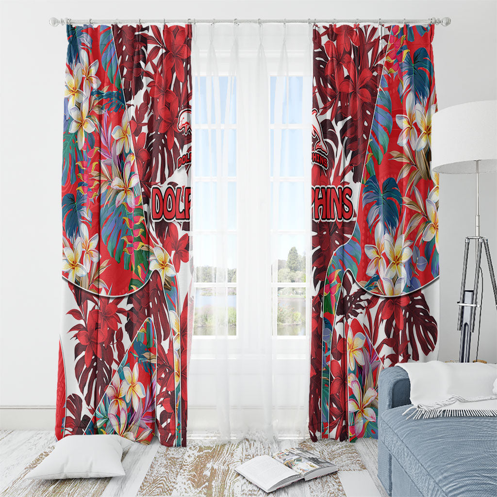 Dolphins Window Curtain Tropical Hibiscus Floral Pattern With Red And White Accents
