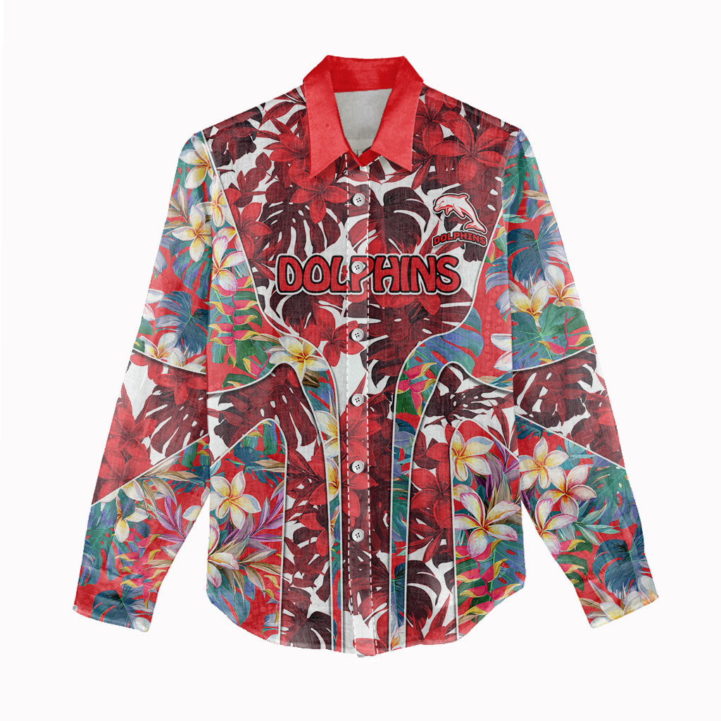 Dolphins Women Casual Shirt Tropical Hibiscus Floral Pattern With Red And White Accents
