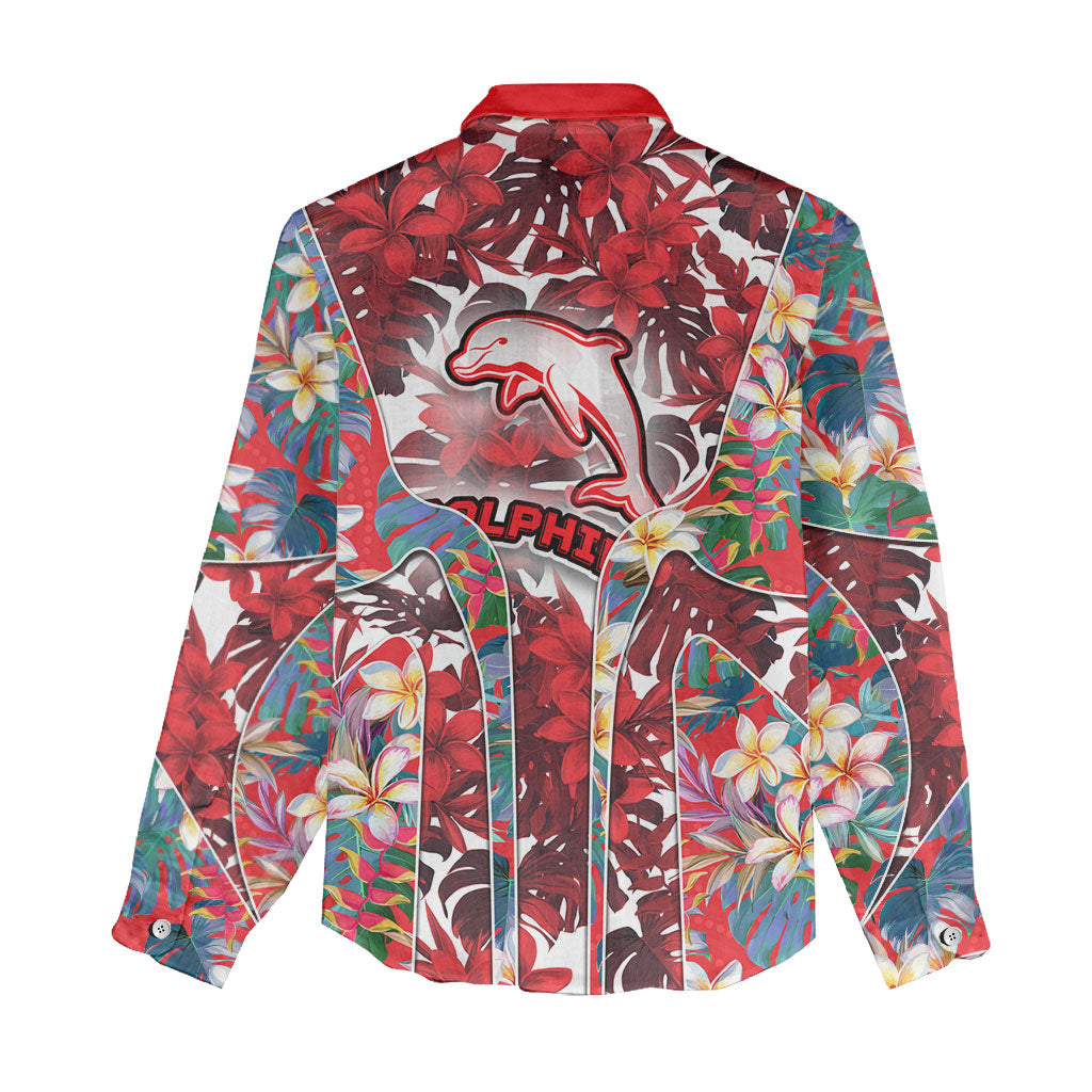 Dolphins Women Casual Shirt Tropical Hibiscus Floral Pattern With Red And White Accents