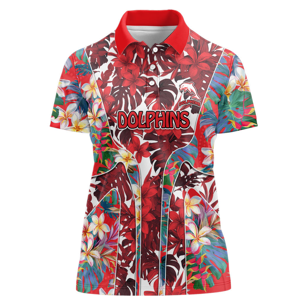 Dolphins Women Polo Shirt Tropical Hibiscus Floral Pattern With Red And White Accents