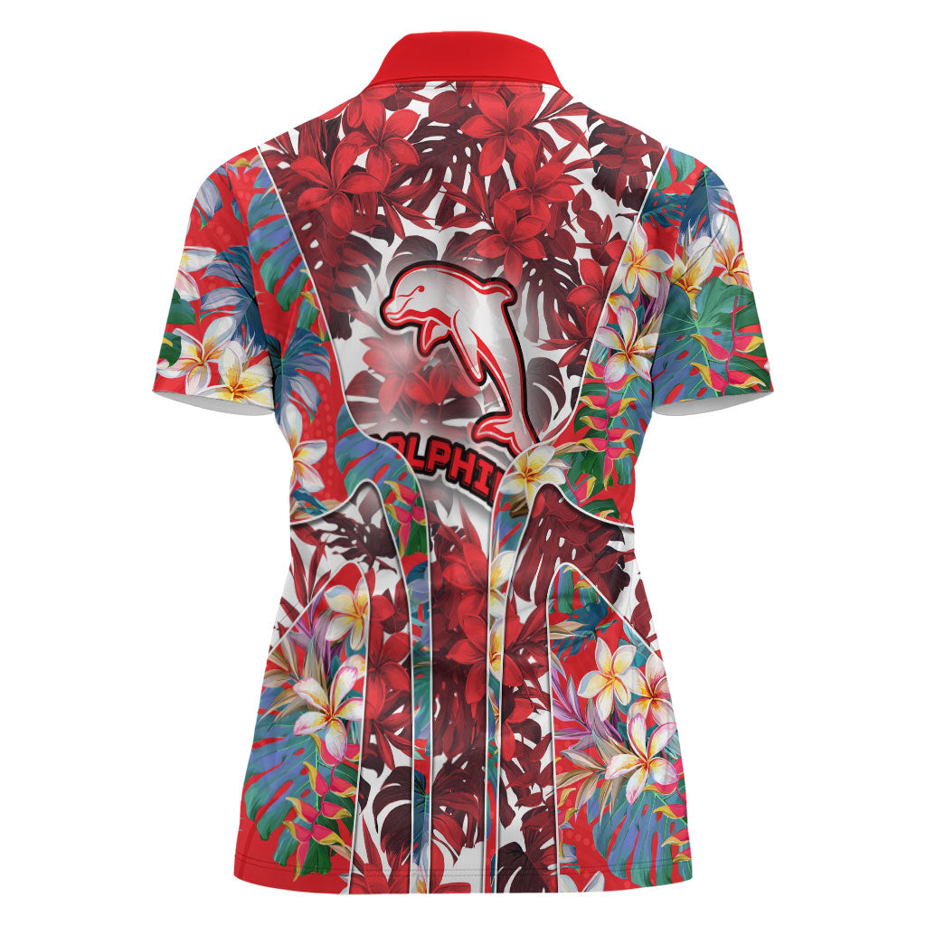 Dolphins Women Polo Shirt Tropical Hibiscus Floral Pattern With Red And White Accents