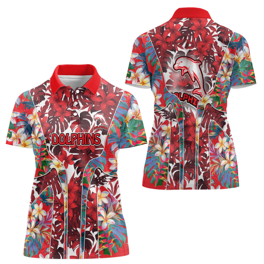 Dolphins Women Polo Shirt Tropical Hibiscus Floral Pattern With Red And White Accents